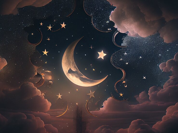 Ein fantasievolles Bild des Nachthimmels mit einer großen zunehmenden Mondsichel im Zentrum, umgeben von Sternen und schimmernden Sternschnuppen. Ornamentale Himmelskörper und Sternzeichen-Symbole, die aus goldenen Linien bestehen, schweben zwischen sanft leuchtenden, rosa und violetten Wolken. Das Gesamtbild wirkt wie eine mystische und traumhafte Szenerie.