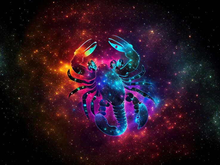 Zeichnung des astrologischen Symbols für das Sternzeichen Skorpion vor dem dunklen Universum mit Sternen und einem Nebel darum herum. | © Adobe Stock/ Lazy_Bear (KI-generiert)