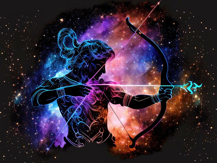 Zeichnung des astrologischen Symbols für das Sternzeichen Schütze vor dem dunklen Universum mit Sternen und einem Nebel darum herum. | © Adobe Stock/ Lazy_Bear (KI-generiert)