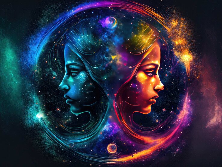 Zeichnung des astrologischen Symbols für das Sternzeichen Zwillinge vor dem dunklen Universum mit Sternen und einem Nebel darum herum. | © Adobe Stock/ Lazy_Bear (KI-generiert)